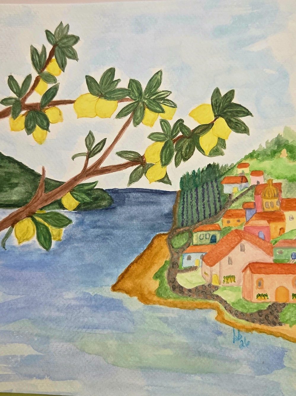 Coastal Lemon Branch Watercolor  in Yellow and Green